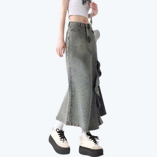 Ruffle Slit Denim Skirt