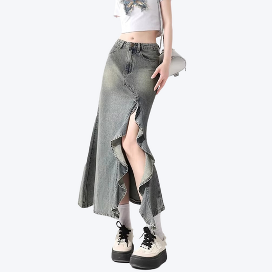 Ruffle Slit Denim Skirt